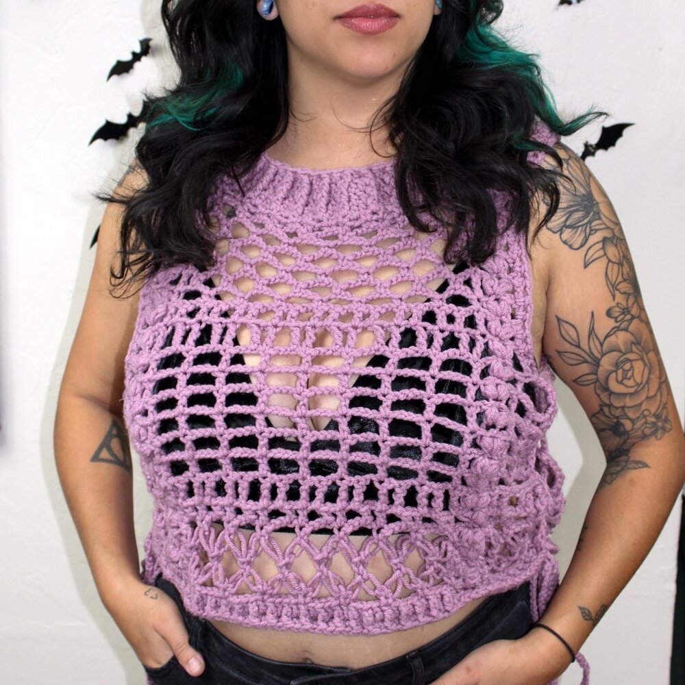 NWT Crochet XL Purple Mauve Vest Handmade Boho Open Knit Adjustable Festival